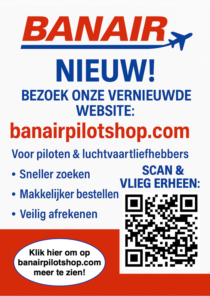 Banner with "BANAIR" in red and blue text, airplane icon, and website link "banairpilotshop.com." Includes Dutch text about visiting a renewed website, features like faster search, easier ordering, secure payment, and a QR code.
