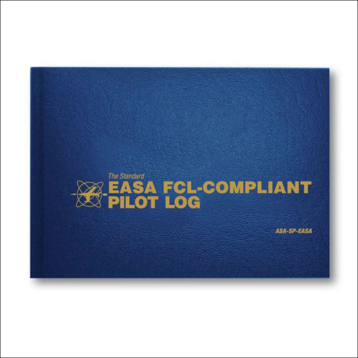 Blauw pilotenlogboek met gouden tekst "EASA FCL-COMPLIANT PILOT LOG" op de voorkant.