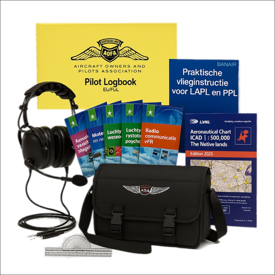 Startset voor leerling-piloten: Een headset, een geel piloten logboek, meerdere kleurrijke boeken en kaarten, en een zwarte schoudertas met een vleugel-embleem.